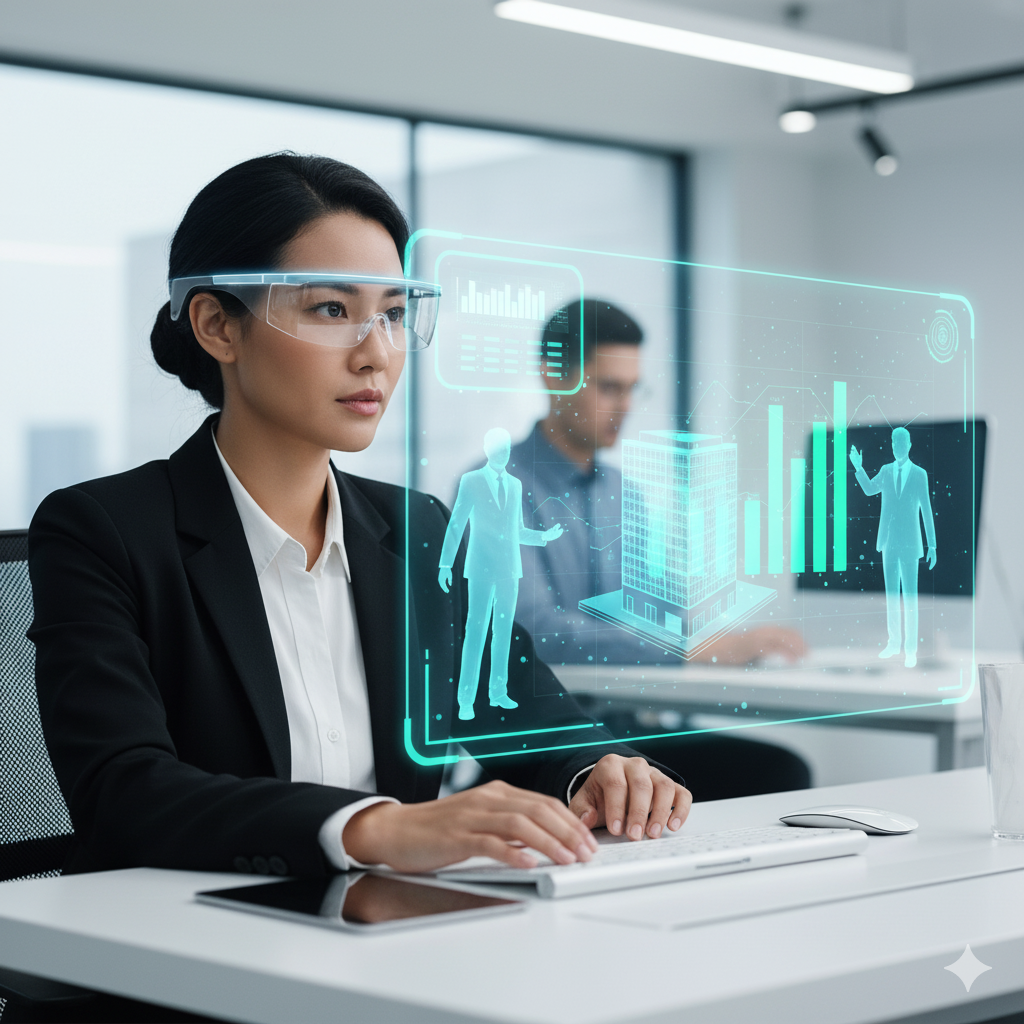 Image of sleek, modern augmented reality glasses displaying a holographic 3D model overlaid onto a conference room table.